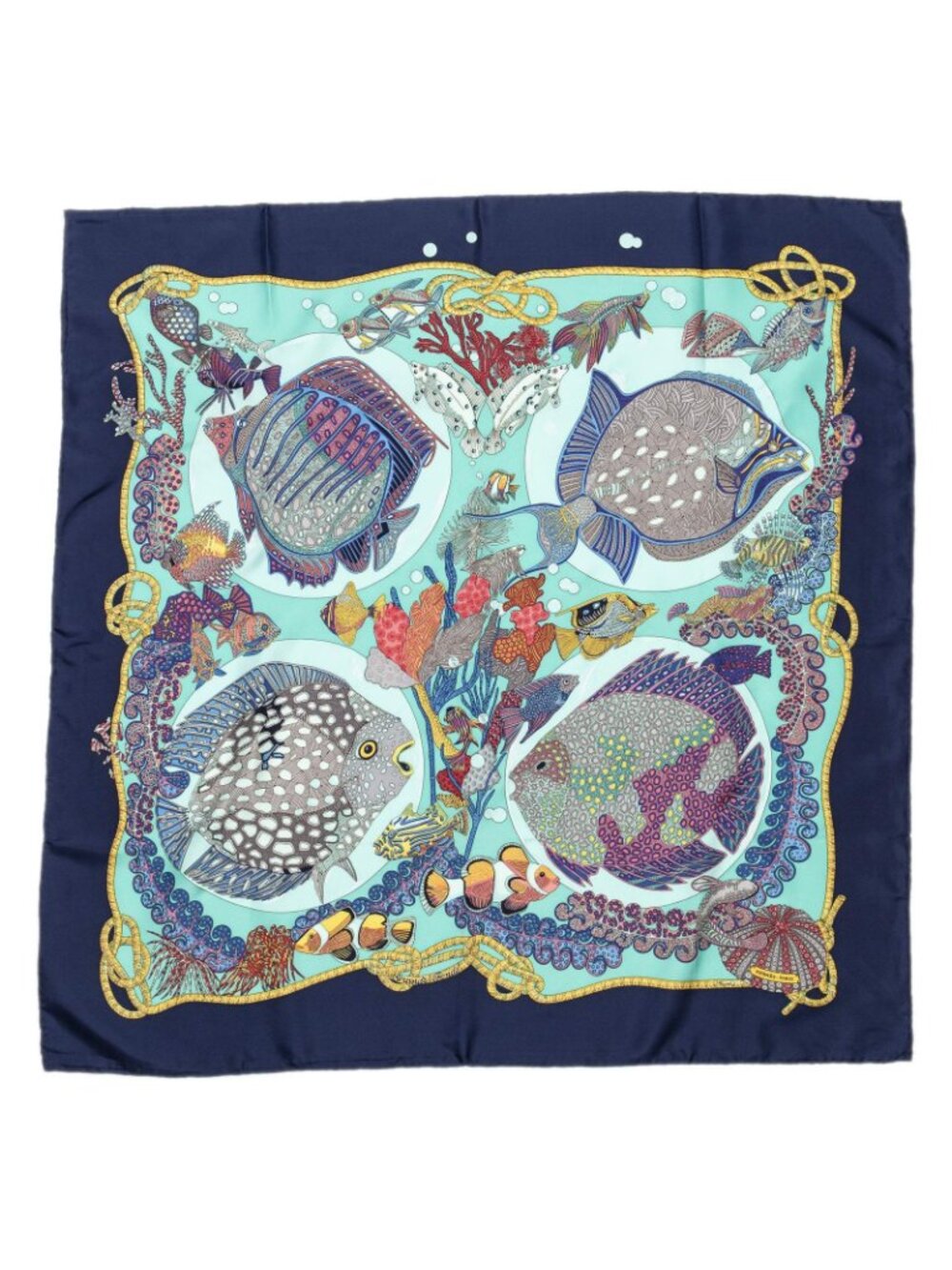 Hermes Scarf Teal Navy Yellow Twill Silk - Picture 2 of 5